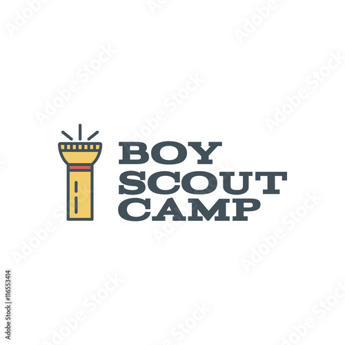 Boy scout camp logo design with typography and travel element - flashlight. Vector text. Hiking trail, backpacking symbols in retro flat colors. Nice for prints, tee design