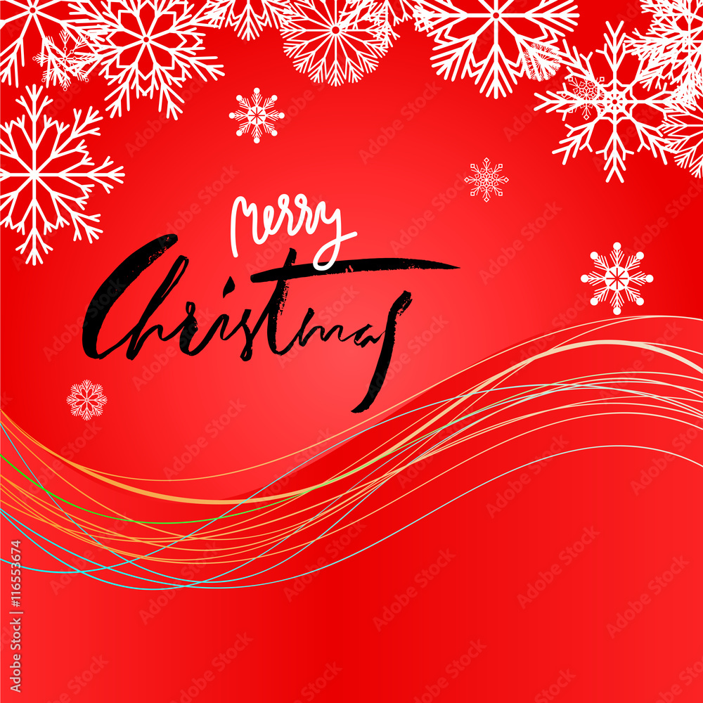 Elegant Red Christmas Snowflakes Card. Merry Christmas lettering. EPS10