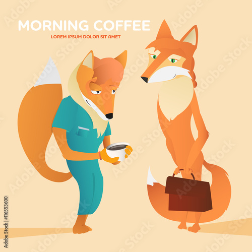Couple anthropomorphic foxes cartoon vector illustration. Morni
