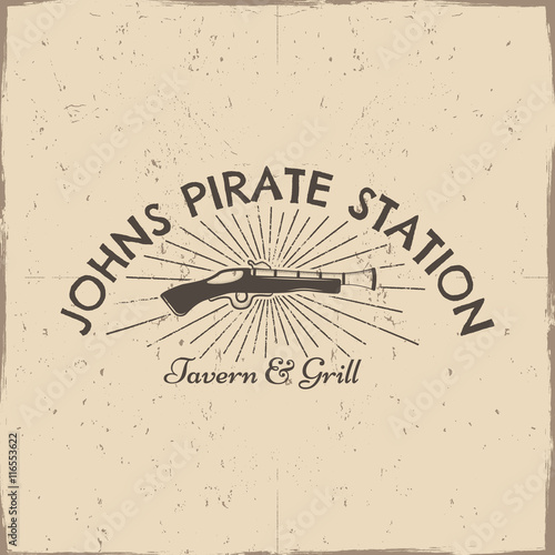 Vintage pistol label, pirate poster. Old ammunition with grunge effects and sun bursts. Retro hand made style isolated on a scratched paper background. For tee design, t-shirt, web projects.