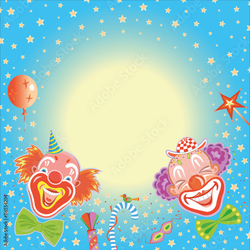 Holiday greeting card happy birthday with clowns with blank space for text. © Anbel