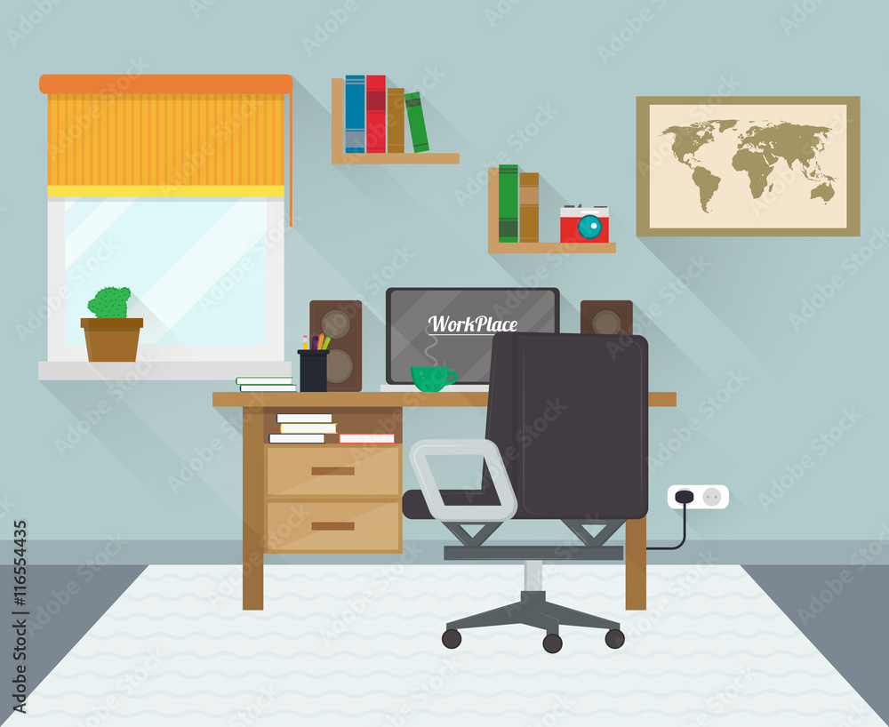 Modern workplace in room. Workspace creative theme. Flat minimalistic style. Flat design with long shadows. Vector. Modern workplace in room. Workspace creative theme. Flat minimalistic style. Flat design with long shadows. Vector.