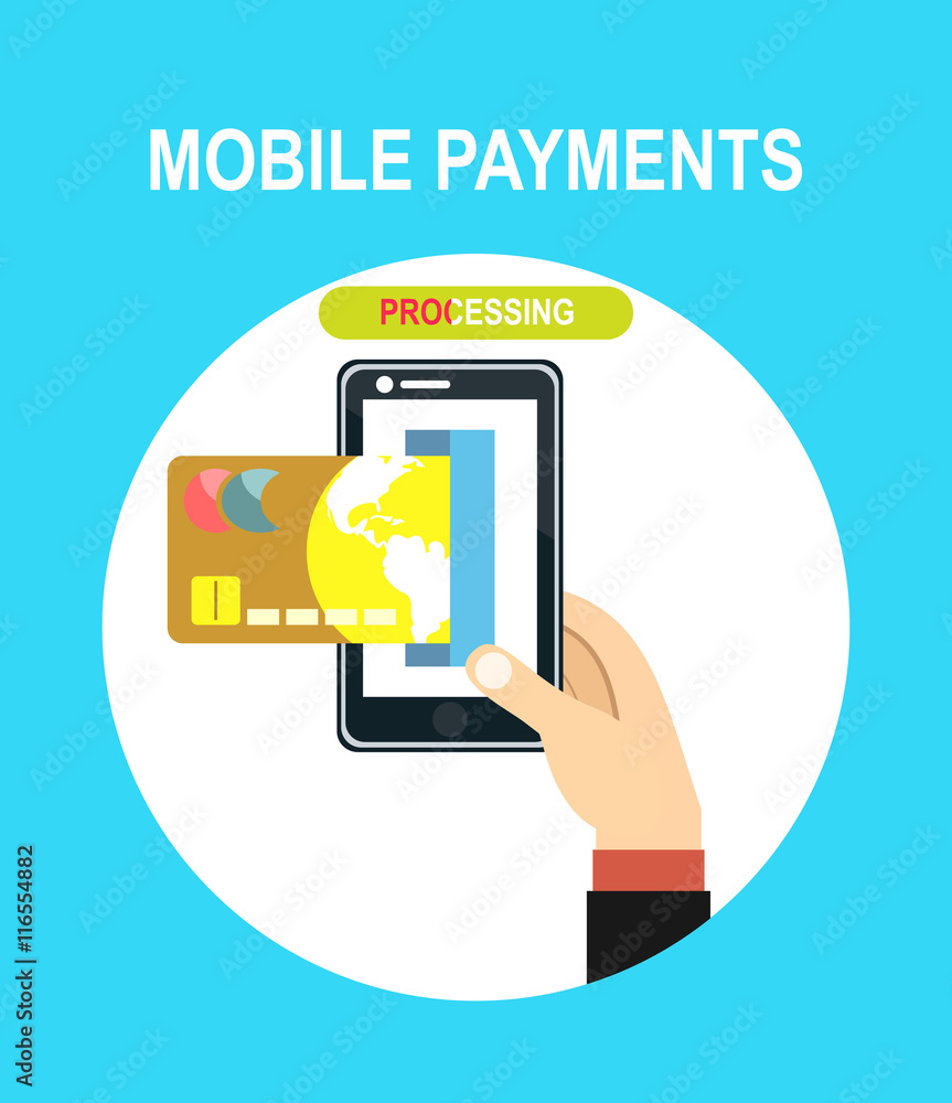 Flat design style vector illustration of modern smartphone with processing of mobile payments from credit card on the screen. Near field communication technology concept. Flat design style vector illustration of modern smartphone with processing of mobile payments from credit card on the screen. Near field communication technology concept.