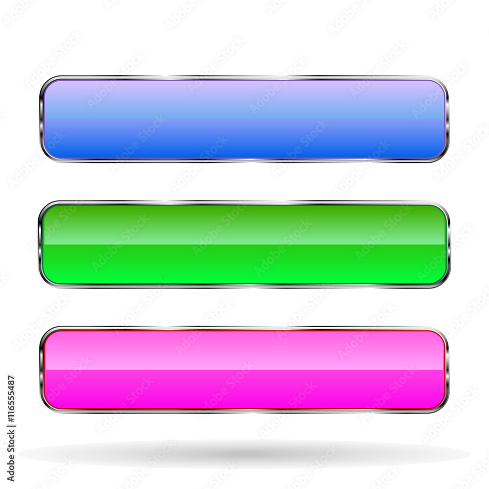 Buttons blue, green and pink neon with metal chrome frame isolated on white background with shadow, vector illustration Buttons blue, green and pink neon with metal chrome frame isolated on white background with shadow, vector illustration