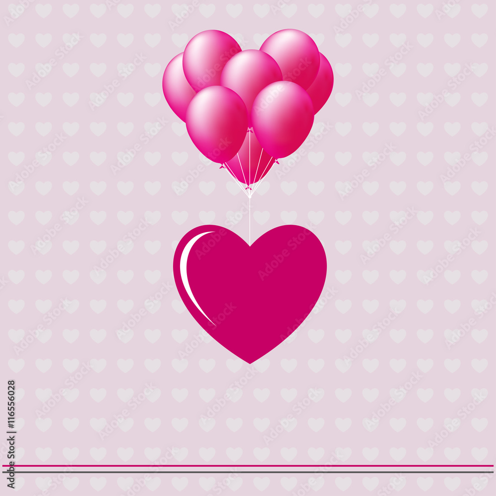 Heart pink hanging on pink balloons on a background of hearts, banner or postcard for your writing, stylish vector illustration
