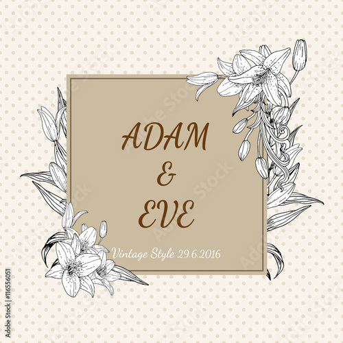 Fototapeta Naklejka Na Ścianę i Meble -  Lily flower card vector by hand drawing.Lily card vintage style.