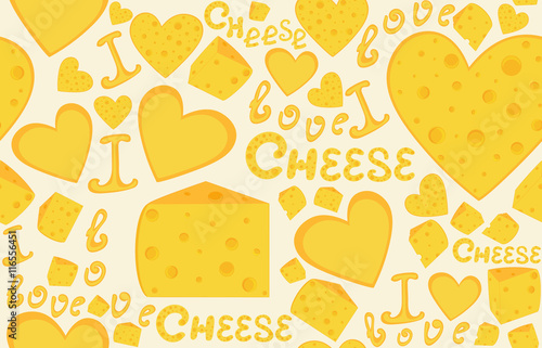 Endless food and drink vector texture with cheese slices and hearts and handwritten words "Cheese". You can use any color of background