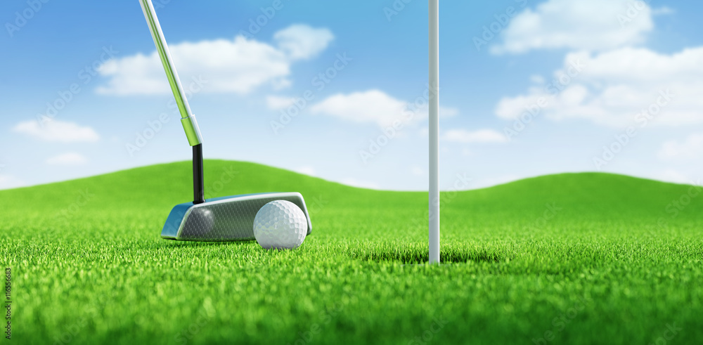 Obraz premium Golfball beim Putten vor blauem Himmel