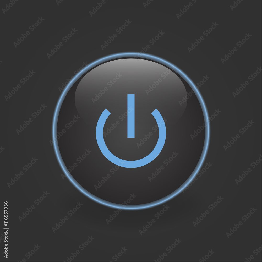 Neon circle. Button switch with blue light on a black background Neon circle. Button switch with blue light on a black background