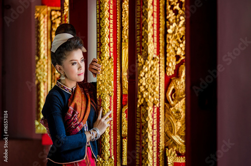 Beautiful Thai girl in Phu-Thai dress identity traditional costume. Culture of SakonNakhon, Thailand