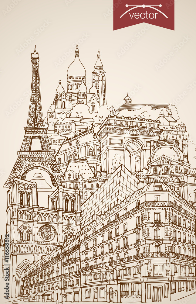 Engraving vintage hand drawn vector France Paris travel Sketch
