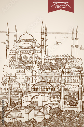 Engraving vintage hand drawn vector Turkey Istanbul Sketch