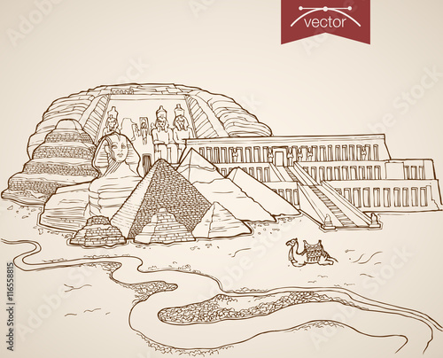 Engraving vintage hand drawn vector Egypt Africa Sphinx Sketch