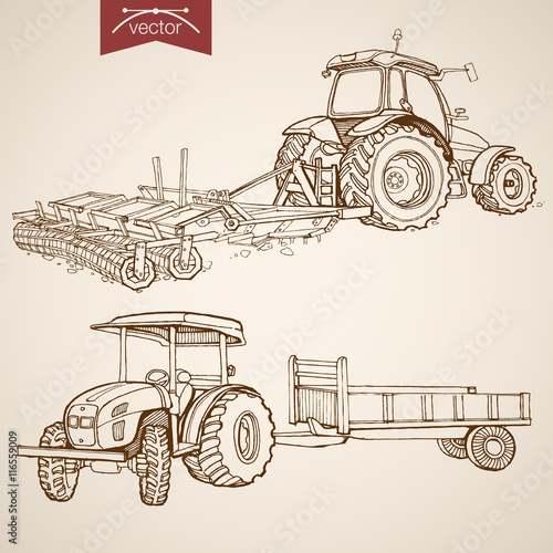Engraving vintage hand drawn vector tractor Farm Sketch