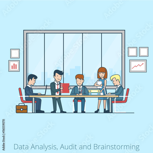 Analysis Audit brainstorming Business people Linear Flat vector