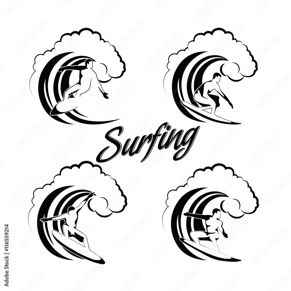 surfer on a wave set 4 silhouettes