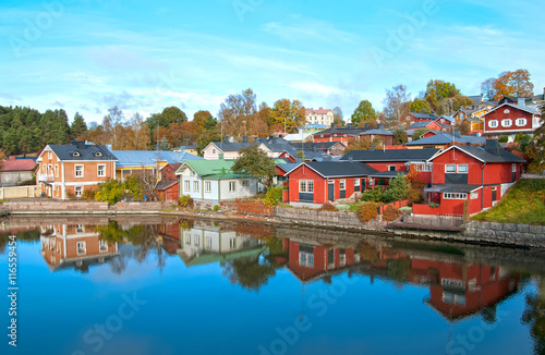 The River Porvoonjoki Bank with the wooden buildings in the Old Town. Autumn view. Porvoo. Finland.