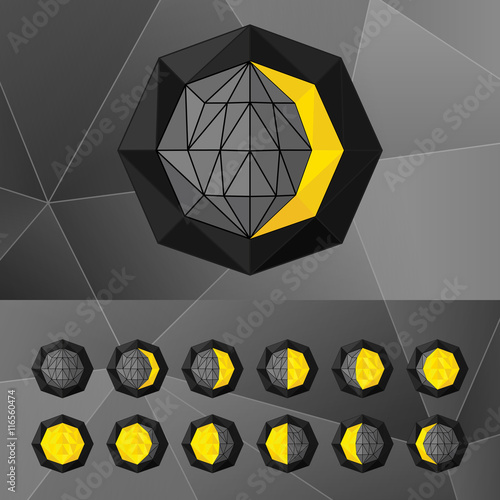  Set of phases of the moon icons in a triangular style  with bla