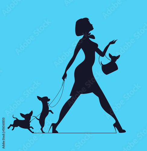 Vector silhouette of  woman with dog. Young woman walking dogs.