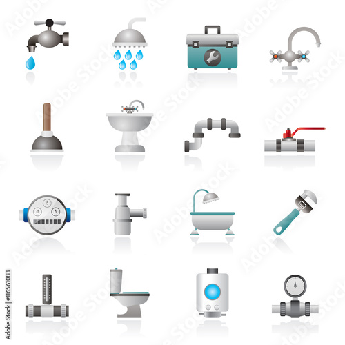 plumbing objects and tools equipment icons - vector icon set