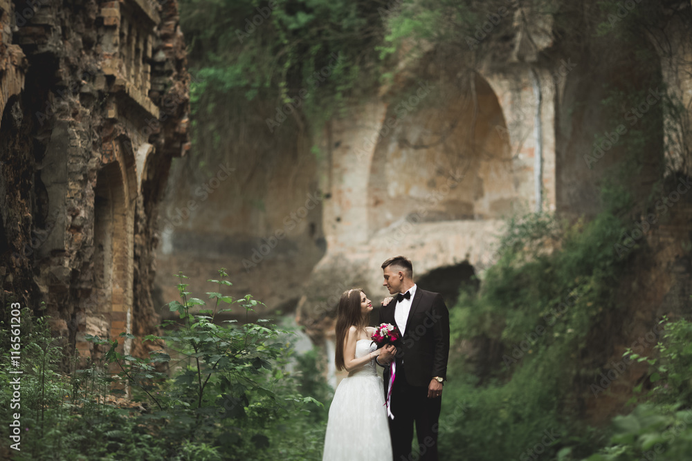 Beautiful fairytale newlywed couple hugging near old medieval castle Beautiful fairytale newlywed couple hugging near old medieval castle