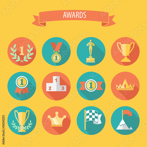 set of vector award success and victory flat icons on colorful r