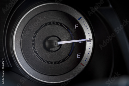 detail with the gauges on the dashboard of a car