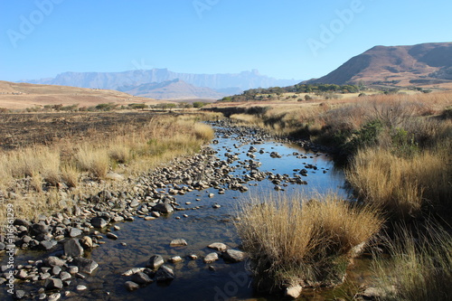 A view from a riverbed towards the mountains of the Royal Natal National Park