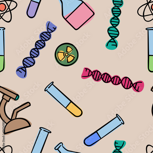 Seamless pattern background chemistry. Science vector. Wallpaper chemical instruments. University and school education.