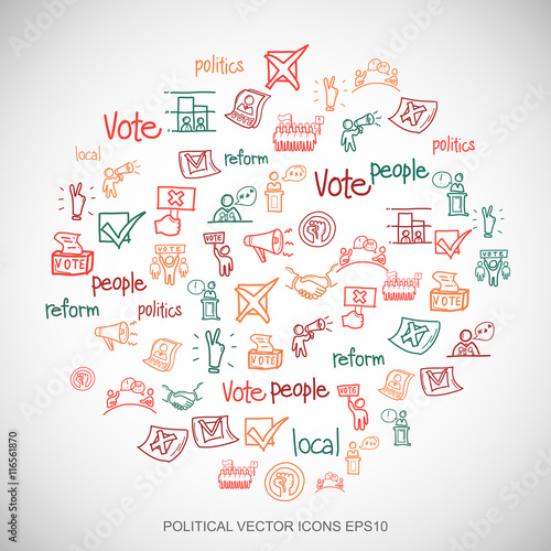 Multicolor doodles Hand Drawn Politics Icons set on White. EPS10 vector illustration.