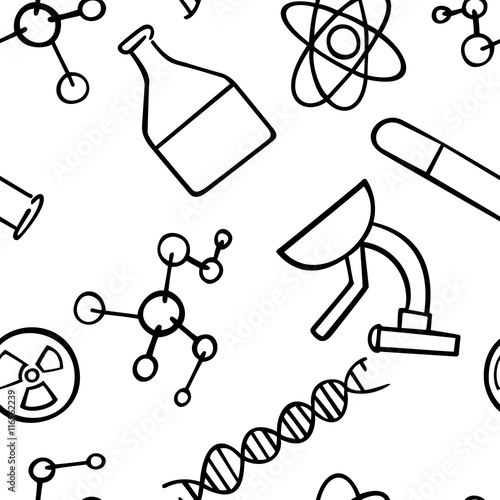 Seamless pattern background chemistry. Science vector. Wallpaper chemical instruments. University and school education. Black and white.