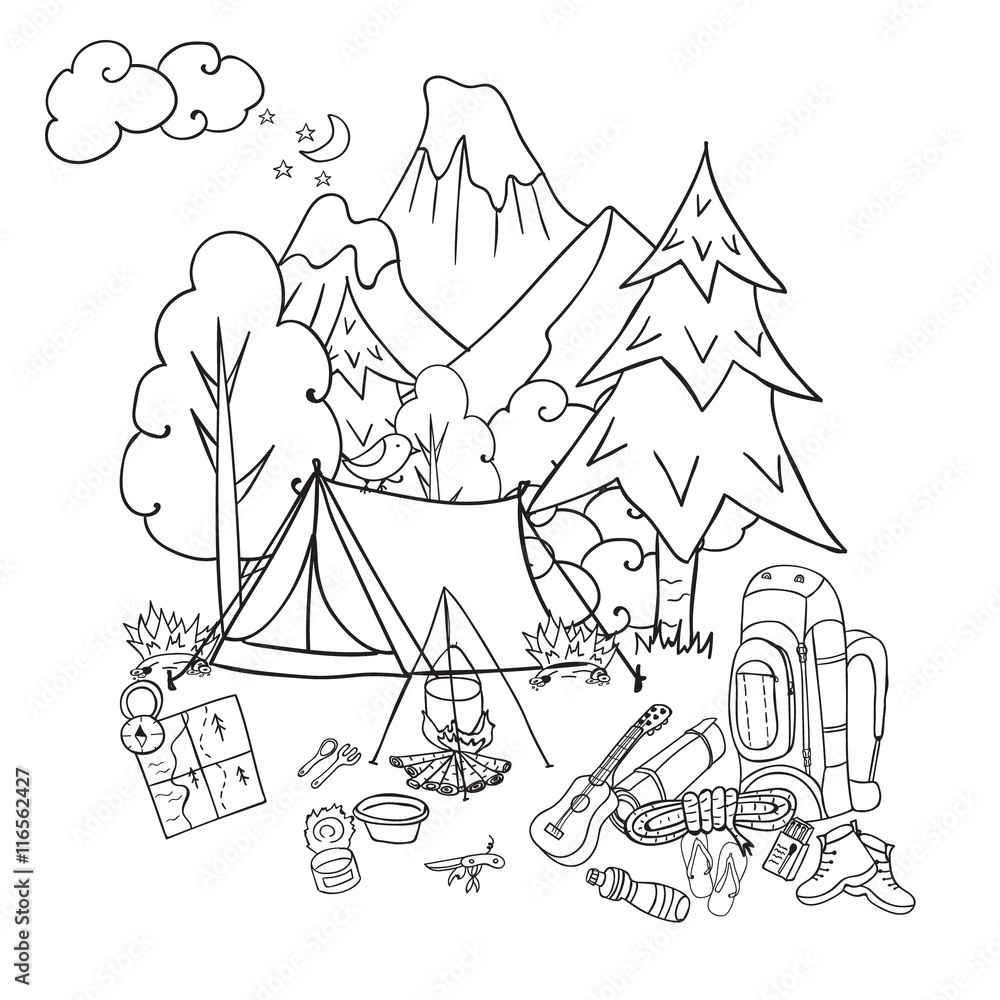 Recreation. Tourism and camping. Hand drawn doodle Camping Elements - vector illustration