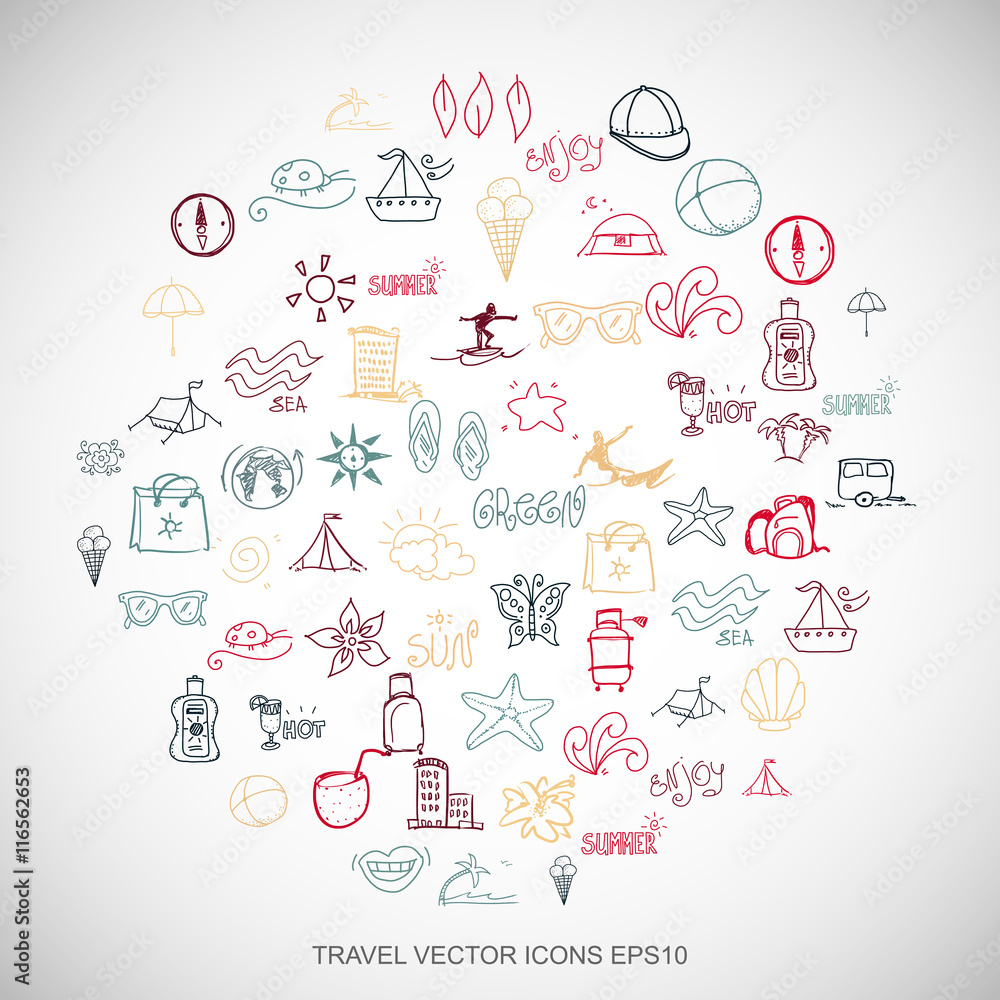 Multicolor doodles Hand Drawn Vacation Icons set on White. EPS10 vector illustration.