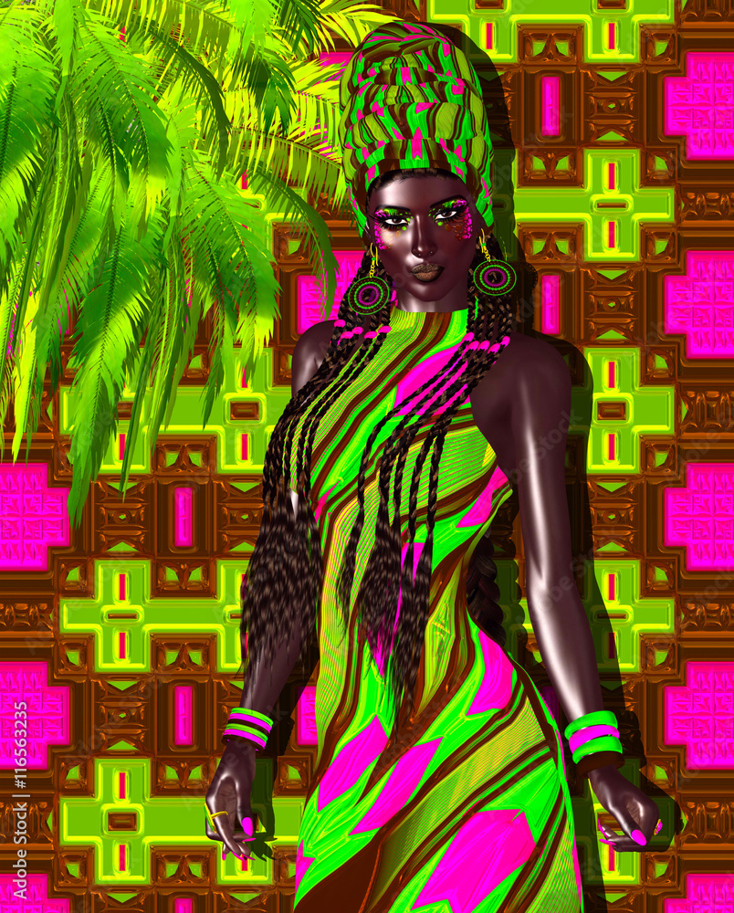 Obraz premium African American Fashion Beauty. Perfect for expressing themes of fashion, diversity, hairstyles, beauty and makeup. 3d digital art render so no model release worries!