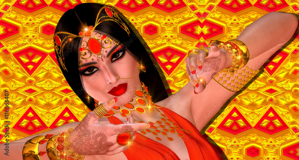 Indian or Asian fantasy woman. Perfect for themes on belly dancing, diversity, fantasy, mystery, culture and more. It is a 3d render