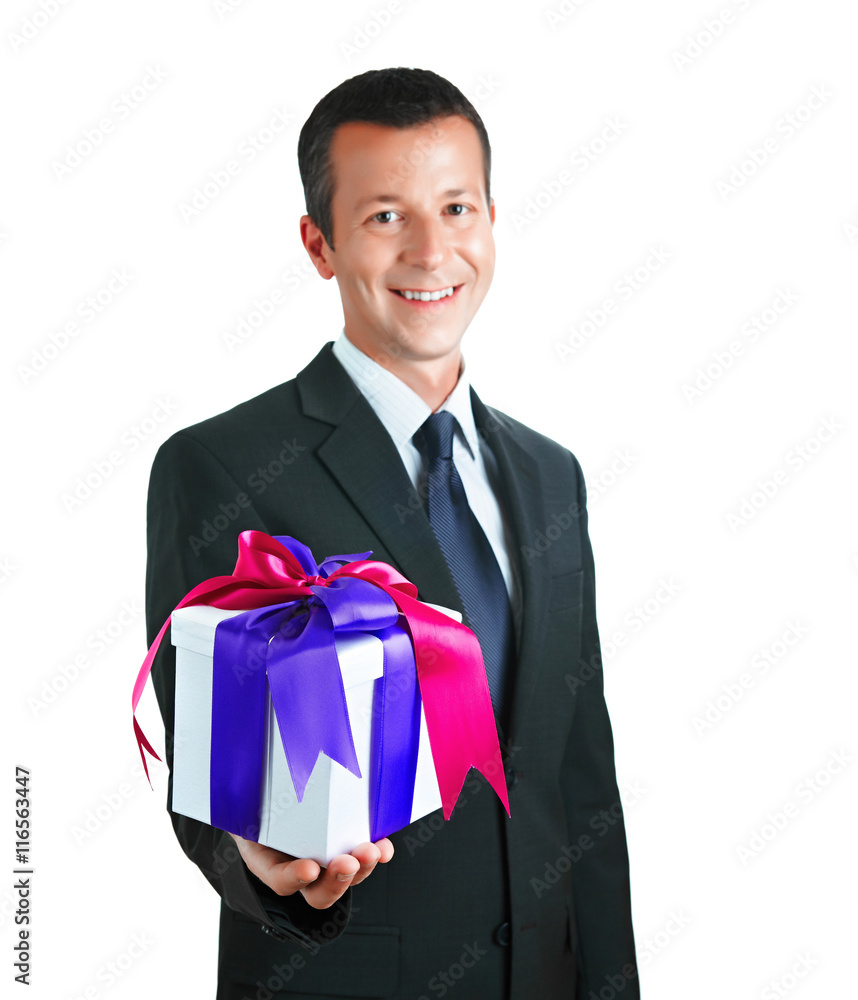 Businessman has an offer, giving a present, parcel Businessman has an offer, giving a present, parcel