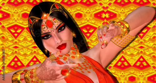 Indian or Asian fantasy woman. Perfect for themes on belly dancing, diversity, fantasy, mystery, culture and more. It is a 3d render