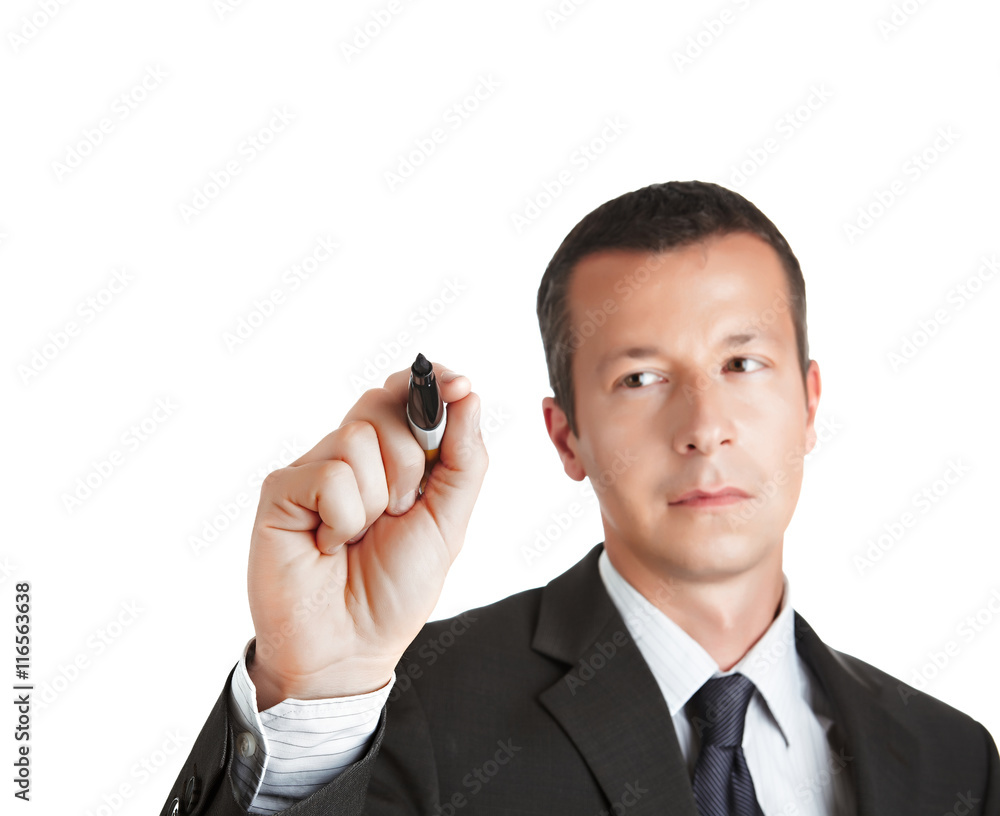 Businessman writing blank whiteboard Businessman writing blank whiteboard