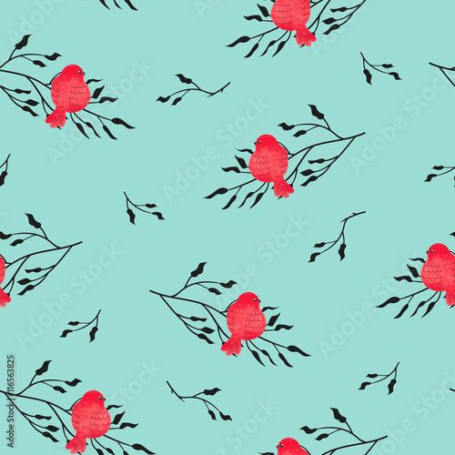 Seamless pattern with cute red watercolor birds and black branches on blue. Vector background.