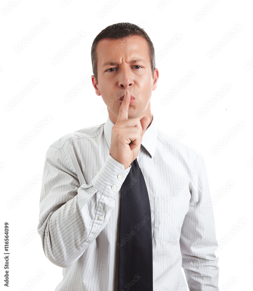 Businessman psst, silence, dont tell anyone