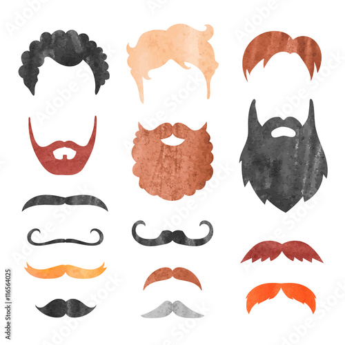 Watercolor mustache, beard and haircut set. Birthday party men photo booth props. Vector illustration.