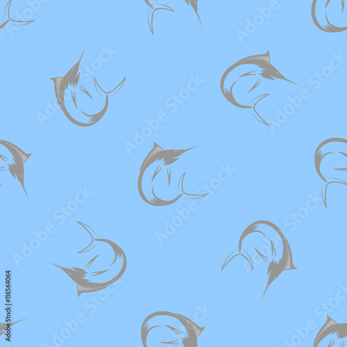 Set of Fish Isolated on Blue Background. Marlin Seamless Pattern