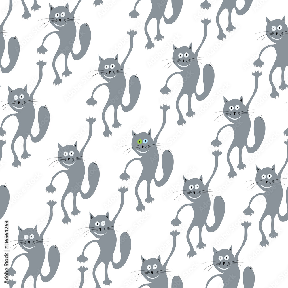 different from other/ Vector seamless pattern with a lot of the same cheerful cats one of which did not like everything on a white background different from other/ Vector seamless pattern with a lot of the same cheerful cats one of which did not like everything on a white background