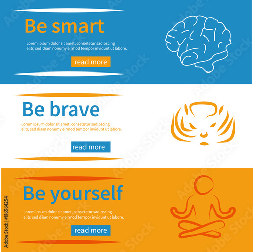 Horizontal banners set with texts be yourself, be brave, be smart and symbols