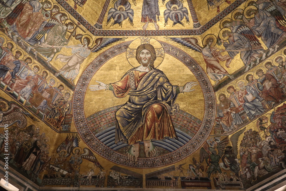 Circular picture with Christ in the cupola of Baptistery San Giovanni, Florence Italy