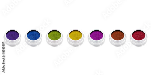 make-up set of pressed colorful powder eyeshadow powder on white background