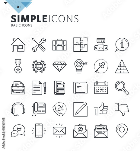 Modern thin line basic web icons. Premium quality outline symbol collection for web and graphic design, mobile app. Mono linear pictograms, infographics and web elements pack.