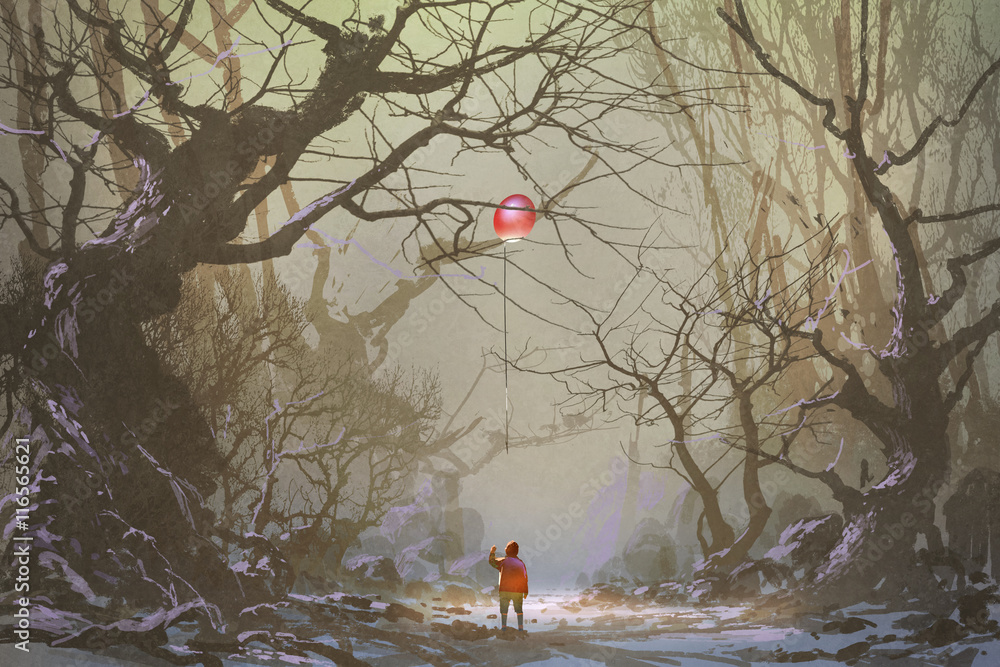 Fototapeta premium boy looking up red balloon stuck in a tree branches,alone in dark forest,illustration,digital painting