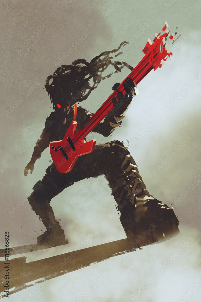 Naklejka premium rocker guitarist playing red guitar,illustration,digital painting