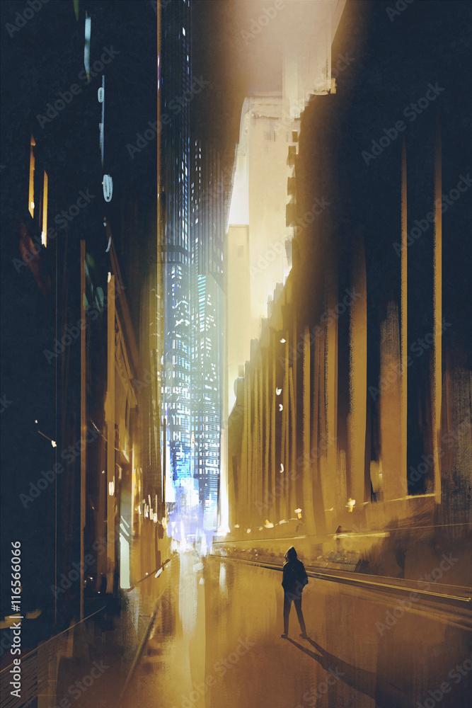 Fototapeta premium city narrow street at night and silhouette of man walks alone,illustration,digital painting